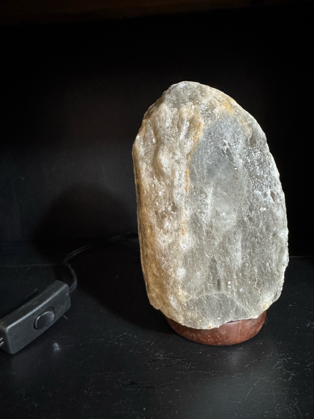 Natural Gray Himalayan Salt Lamp on Wooden Base